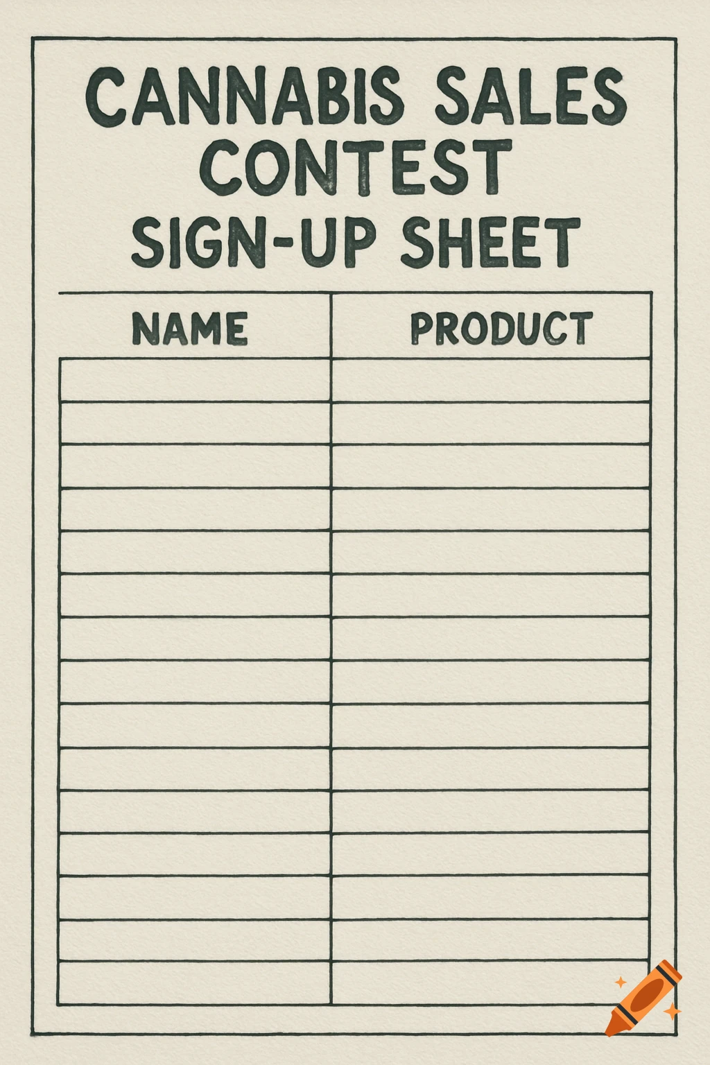 A sign-up sheet for a cannabis sales contest, with columns for name and product.