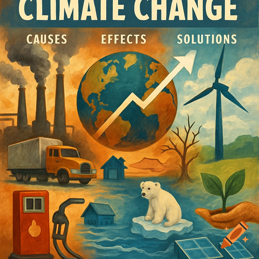 Illustrative poster about climate change showing factories, truck, polar bear, flooded houses, wind turbine, plant, and solar panels.