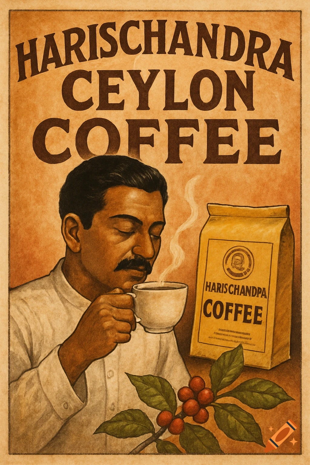 Vintage-style poster advertising Harischandra Ceylon Coffee, showing a man smelling coffee, a bag of coffee, and coffee beans.