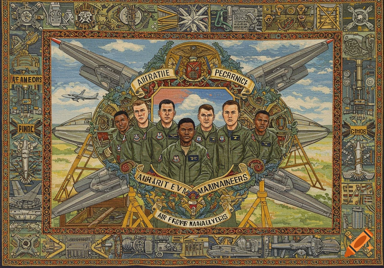 Tapestry of Air Force personnel, aircraft, and missile surrounded by a decorative border.