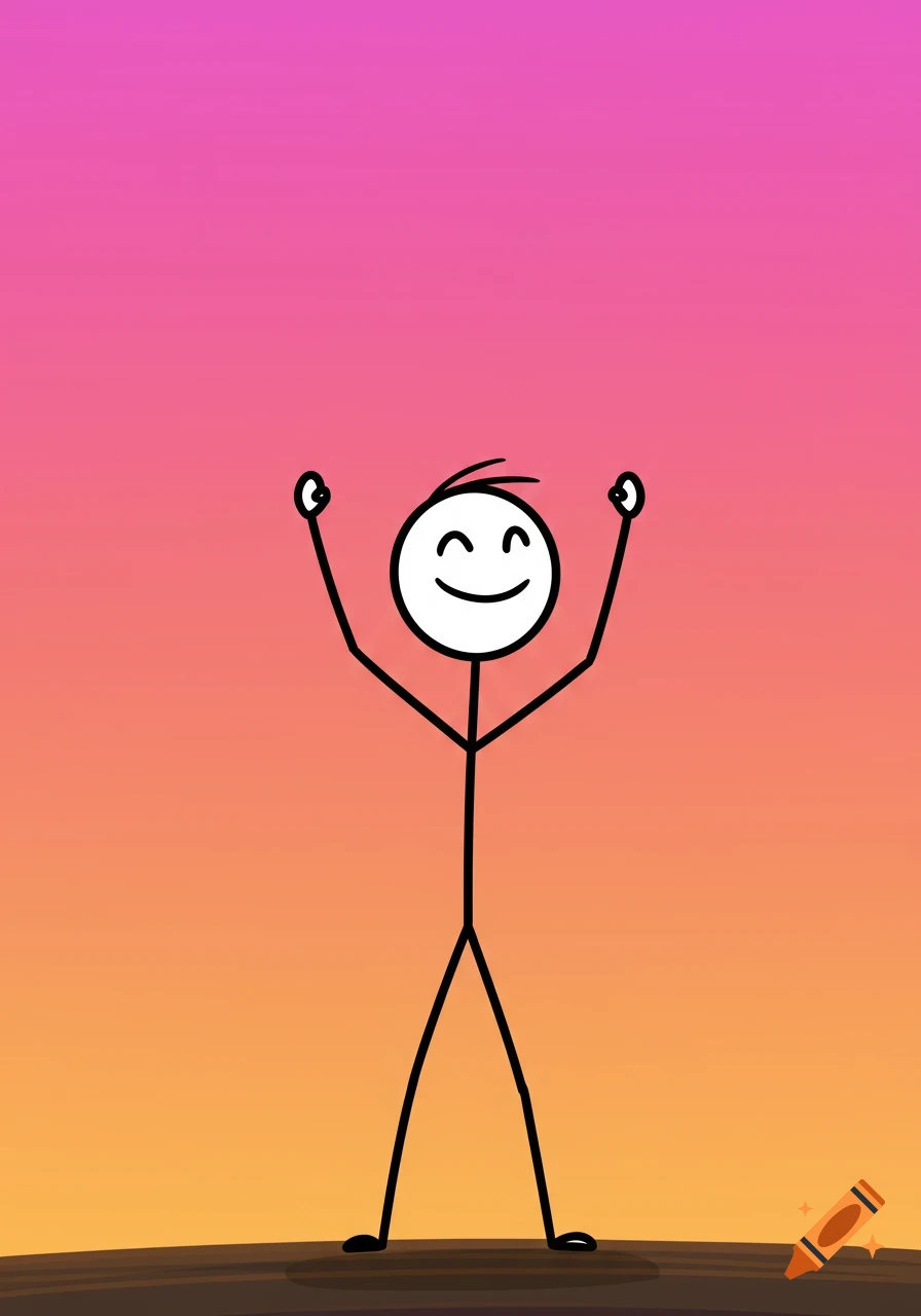 A simple stick figure drawing of a person with arms raised in the air against a colorful gradient background.