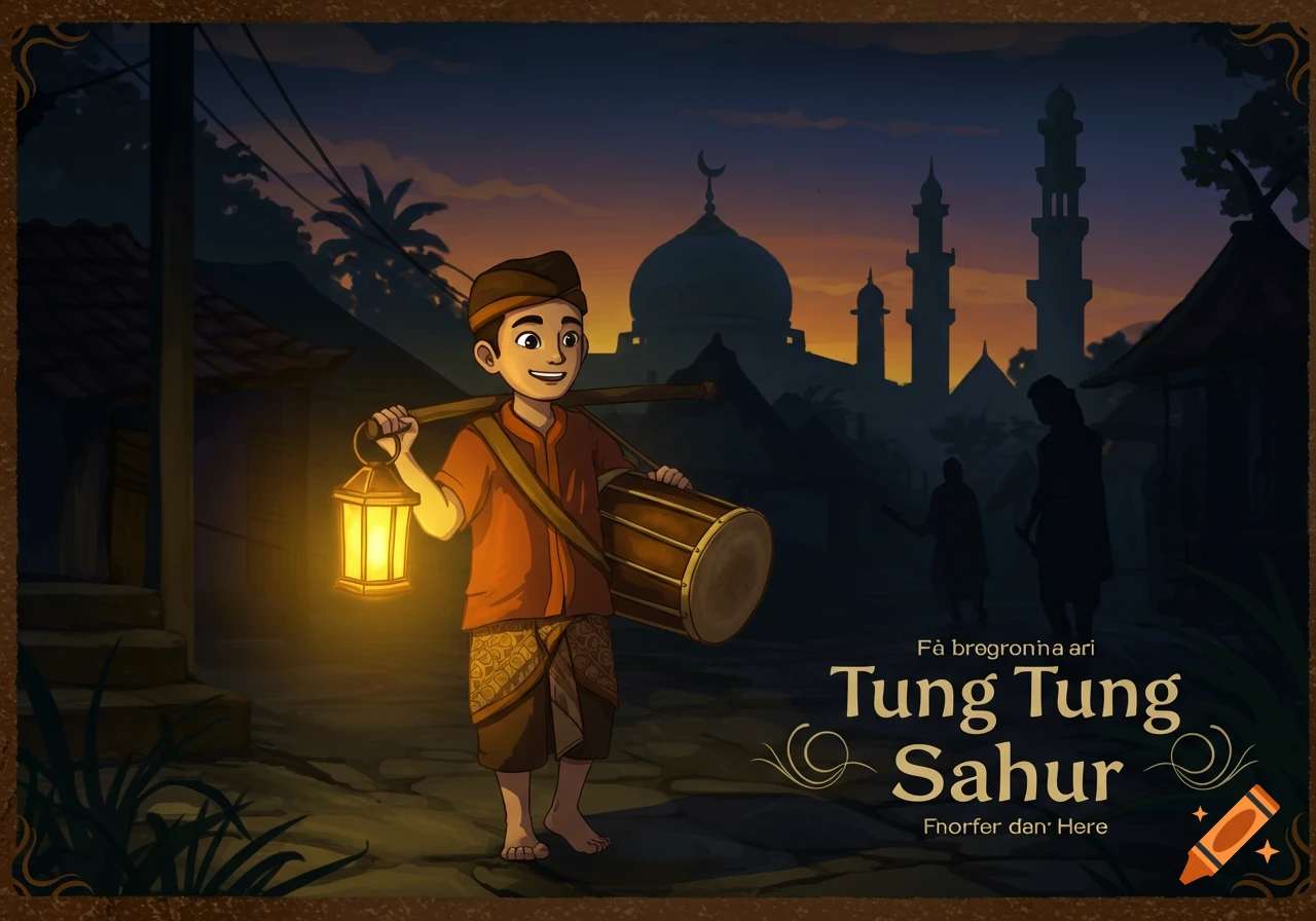 Cartoon of a young Muslim boy holding a drum and lantern, walking at dawn with a mosque in the background.