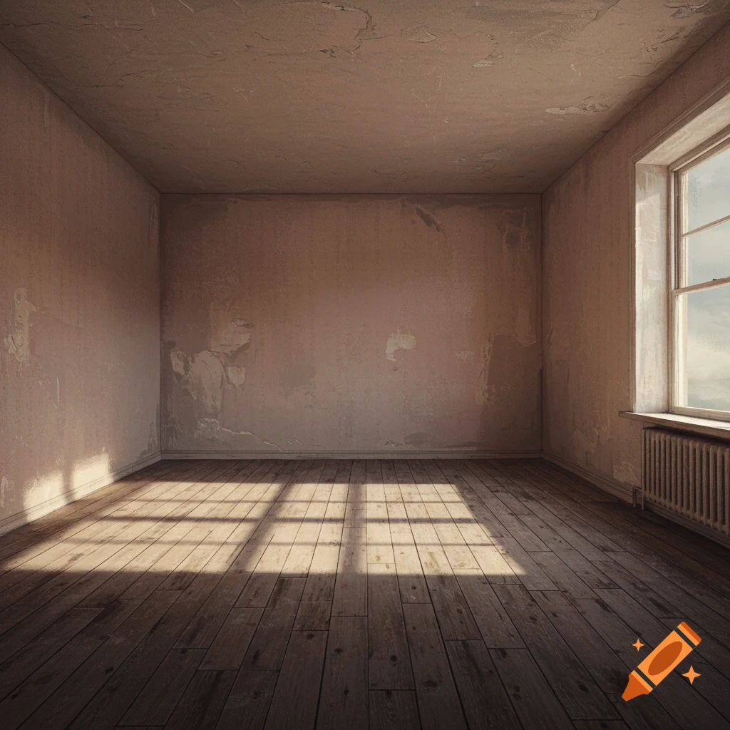 Sunlight streams into an empty room with damaged walls and wooden floors.