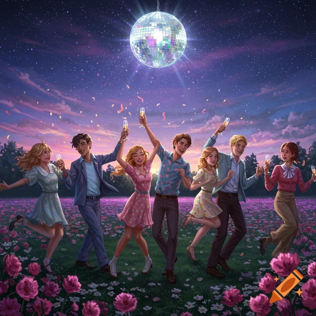 Young people dance in a field of flowers under a disco ball and starry sky.