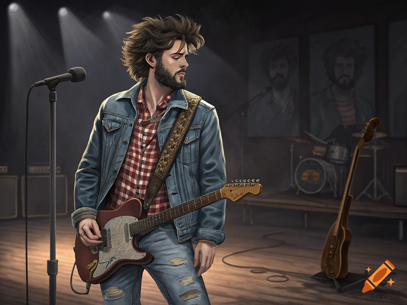 A musician with a denim jacket and ripped jeans plays an electric guitar on a stage under spotlights. Posters are visible in the background.