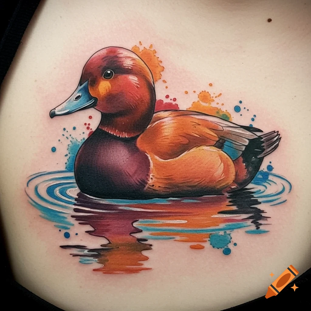 Watercolor tattoo of a ruddy duck floating on water with colorful paint splashes on skin.