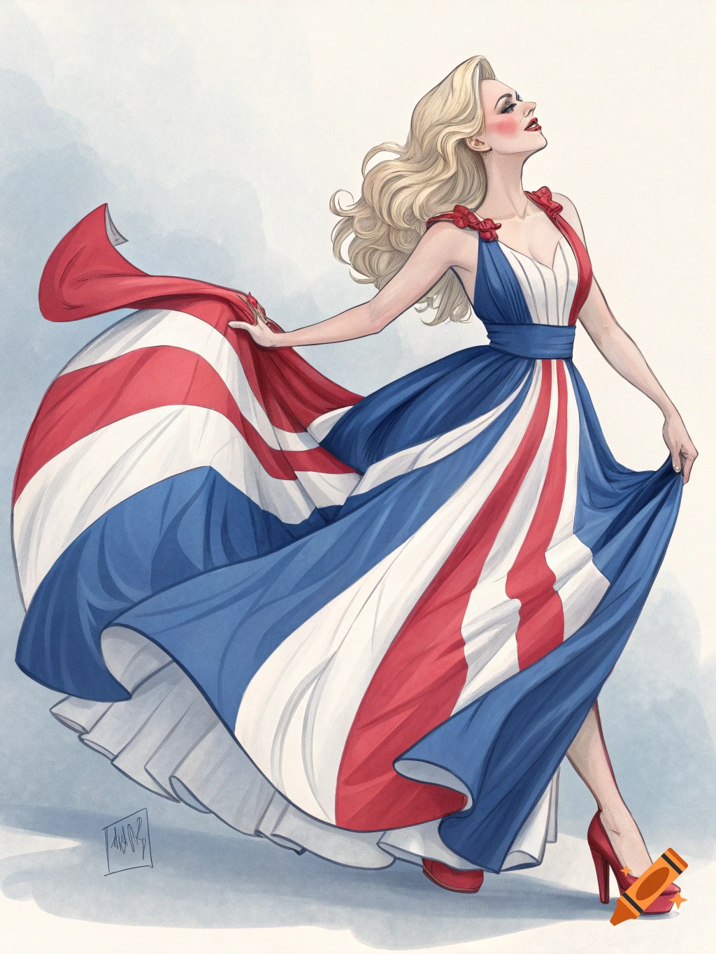 Illustration of a woman in a flowing red, white, and blue dress holding the fabric.