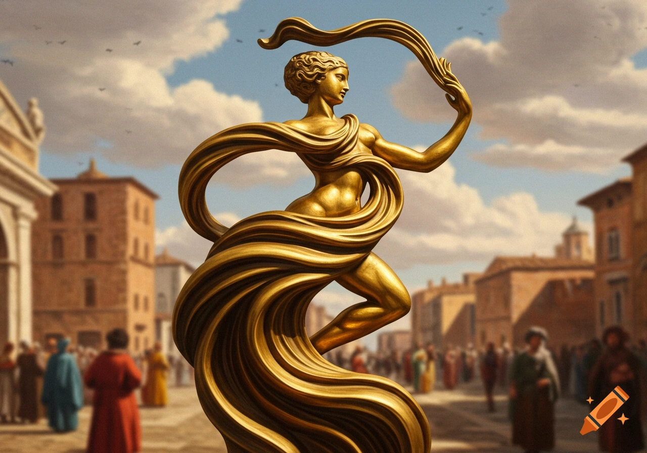 Golden statue of a dancing figure wrapped in flowing cloth in a city square with people and buildings.