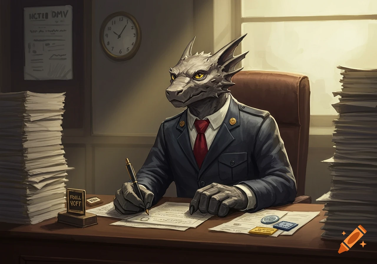 A dragon-like creature in a suit sits at a desk writing on papers in an office.