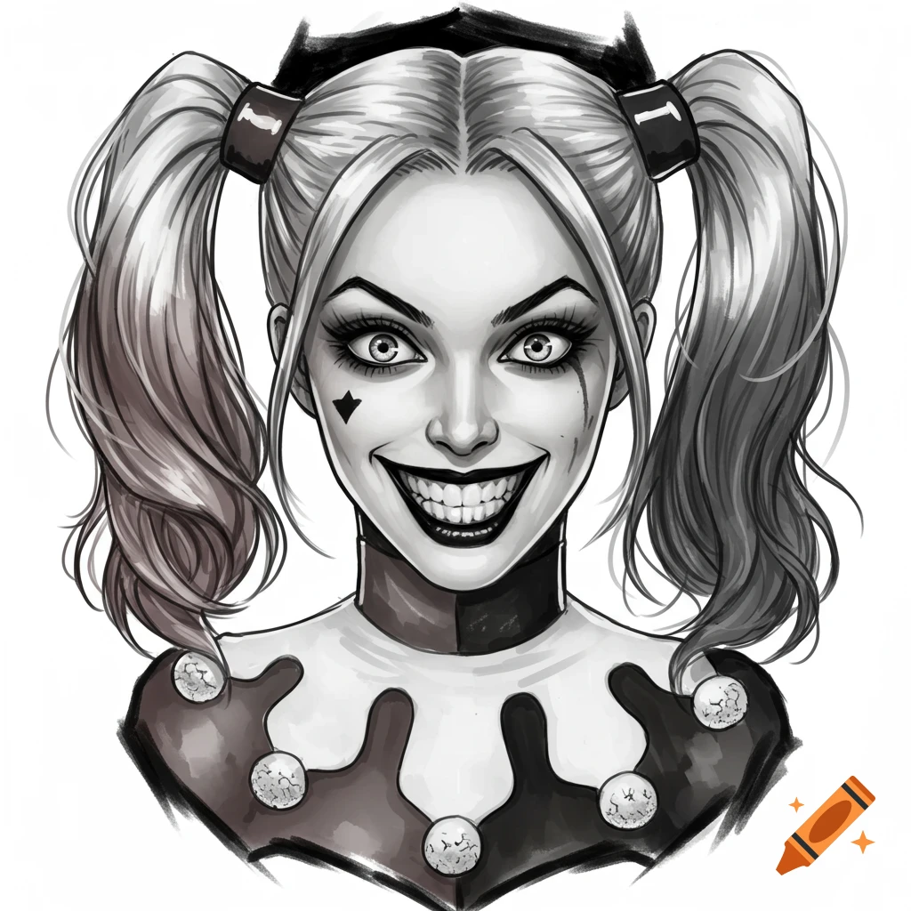 Black and white tattoo style illustration of Harley Quinn's head and shoulders.