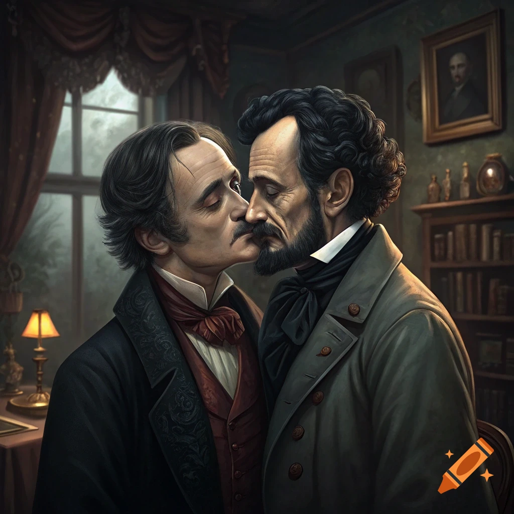 Digital painting of Edgar Allan Poe and Abraham Lincoln kissing in a historical interior.