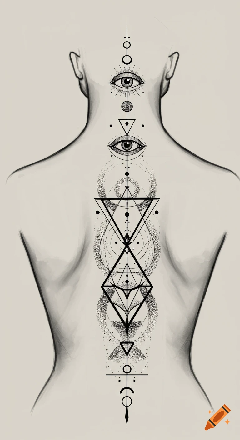 Sketch drawing of a vertical sacred geometry spine tattoo with eyes on a back