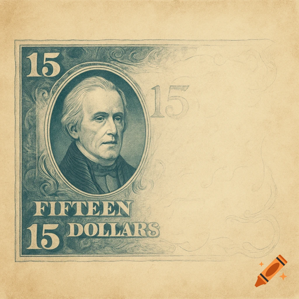 Drawing of a portrait on a banknote design with the number 15 and text 'FIFTEEN DOLLARS'.