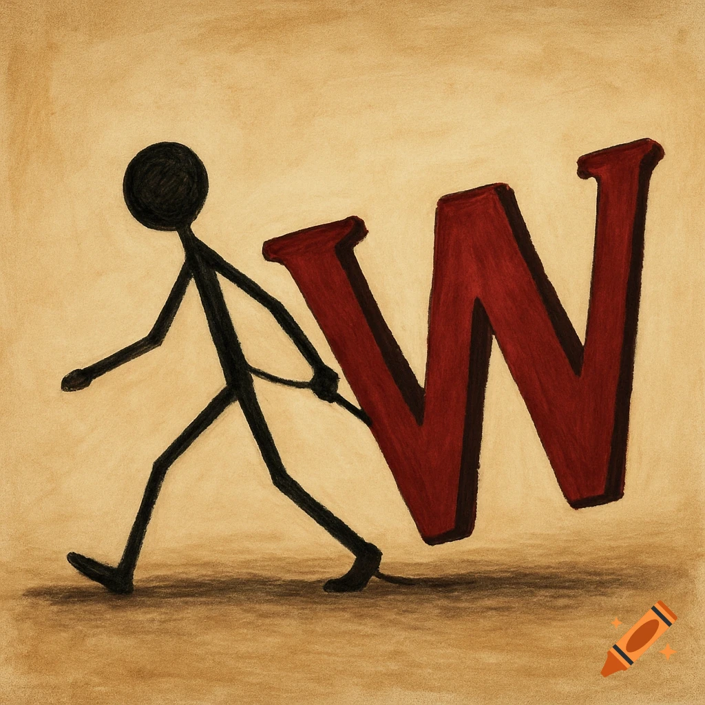 A black stick figure illustration pulls a large red letter W across a beige background.