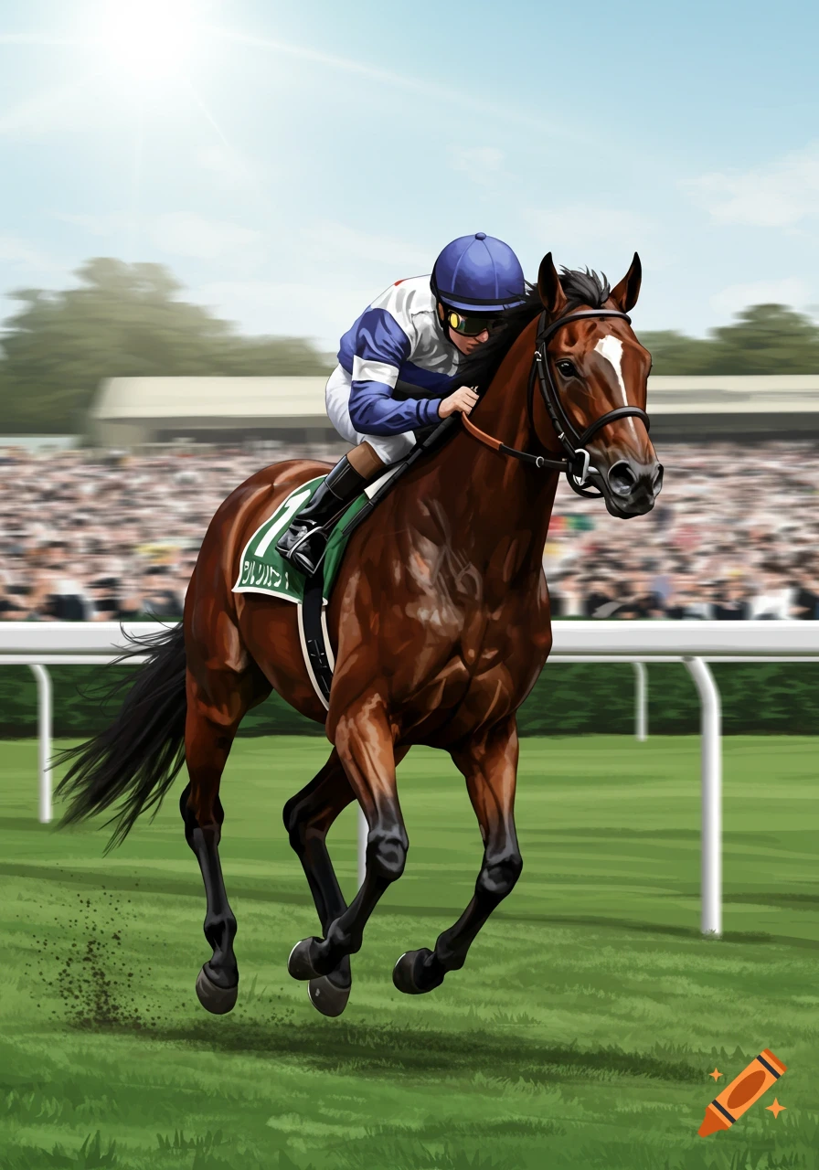 Illustration of a jockey riding a horse during a race.