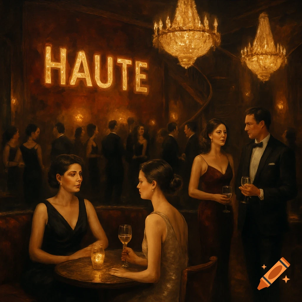 People socialize in a dimly lit, classy nightclub with chandeliers and a glowing sign that reads 'HAUTE'.
