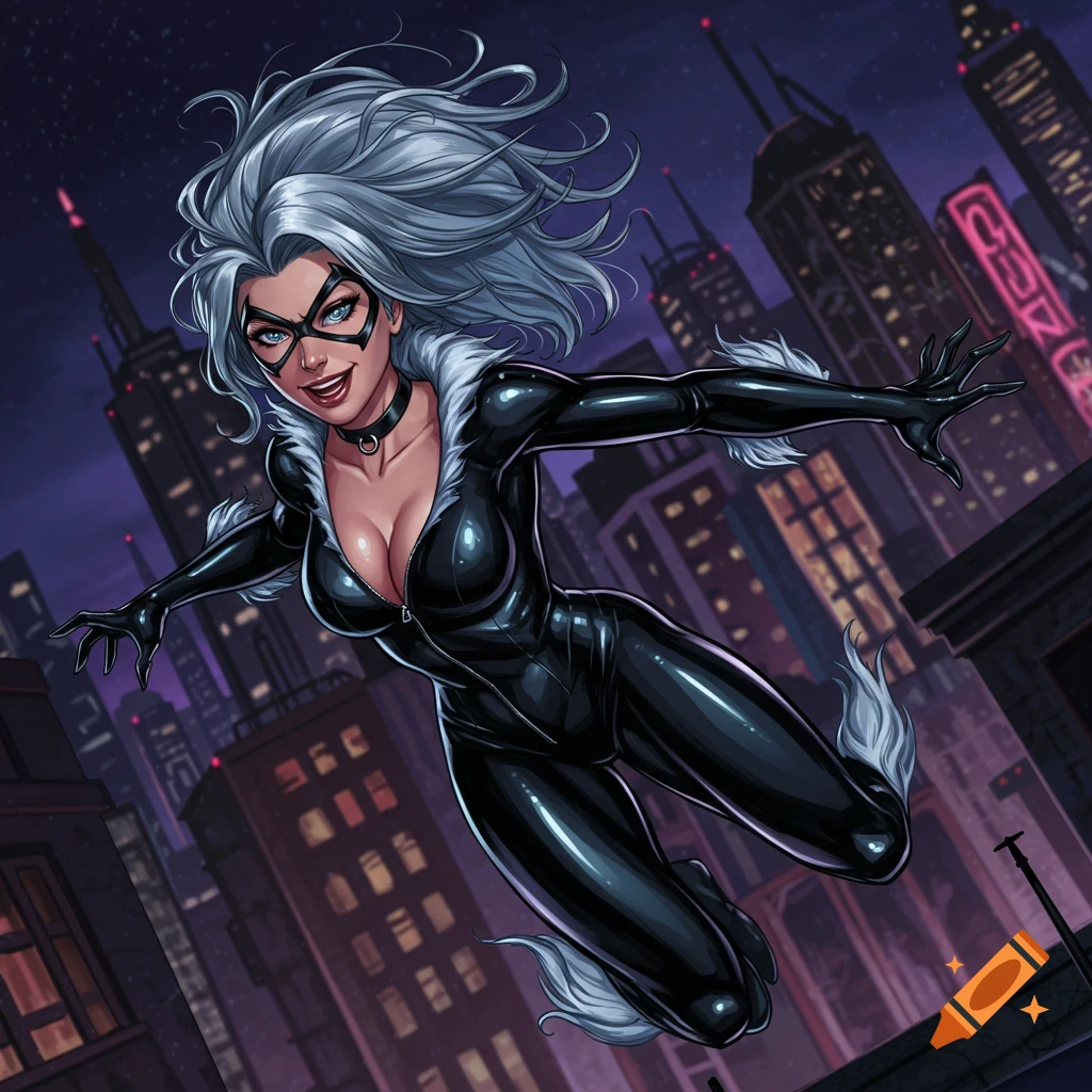 Black Cat from Marvel in a black suit, leaping through a city at night in comic art style.
