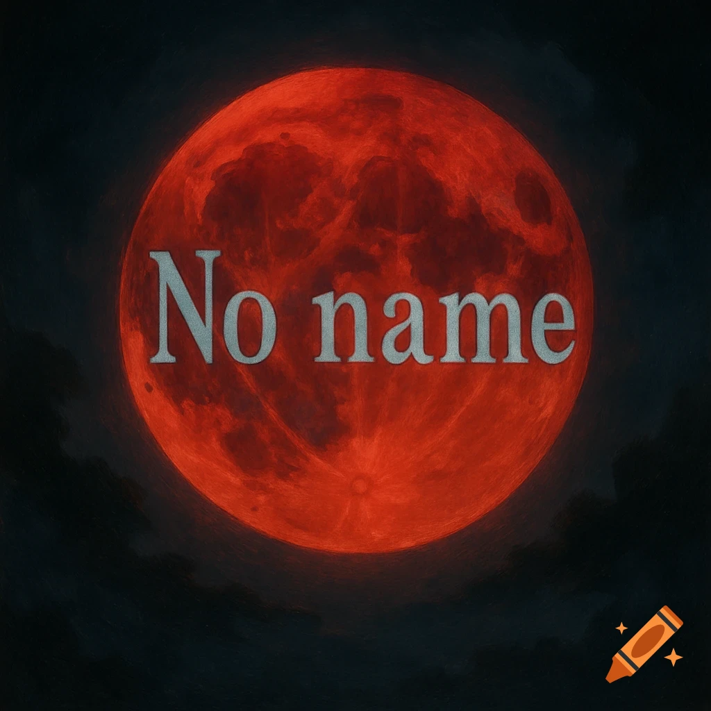 Red blood moon with 'No name' text overlay against a dark cloudy sky, digital art.