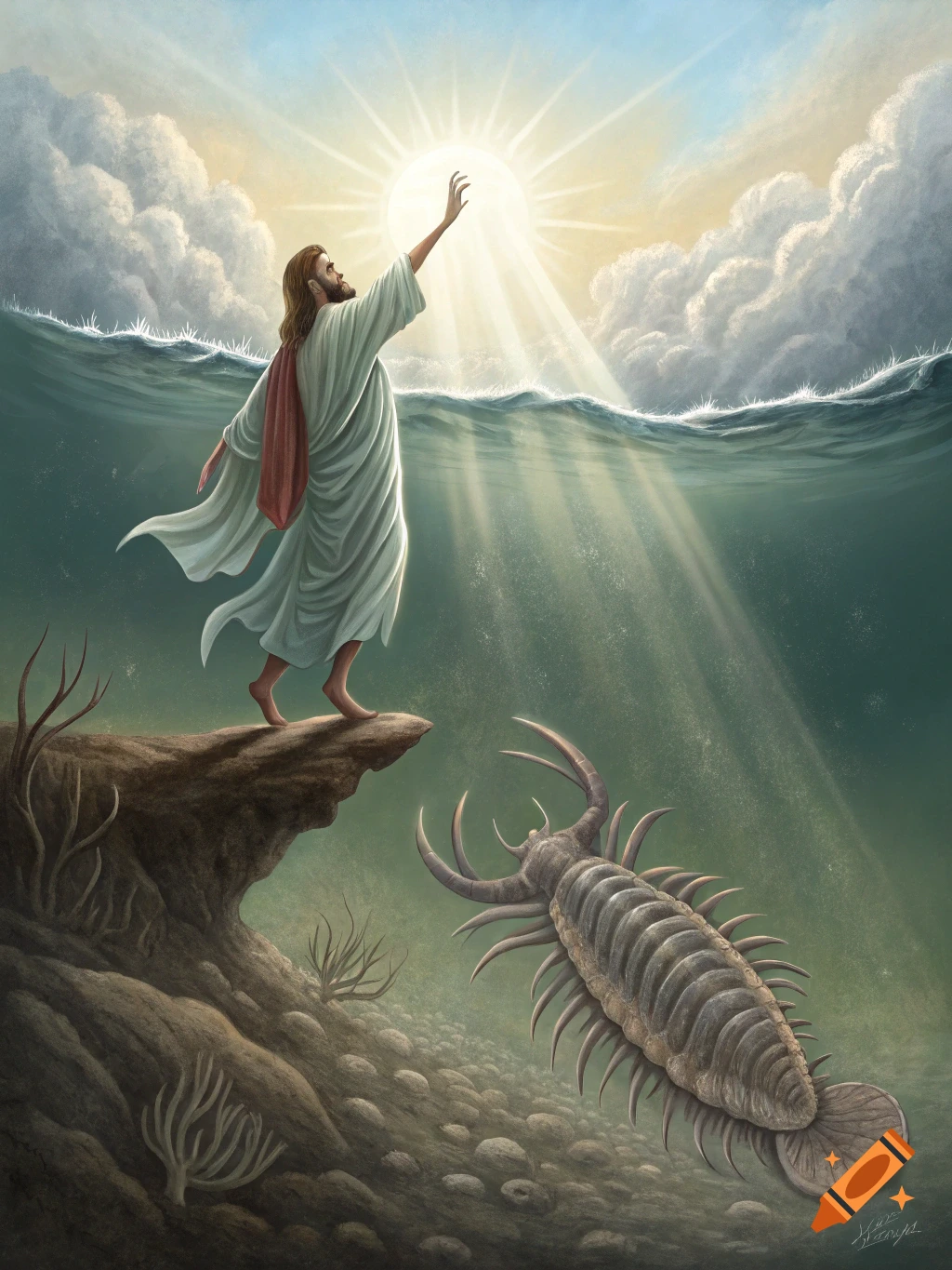 Painting of Jesus reaching up from a rocky cliff underwater toward the surface and sunlight, a large Cambrian creature swims nearby.