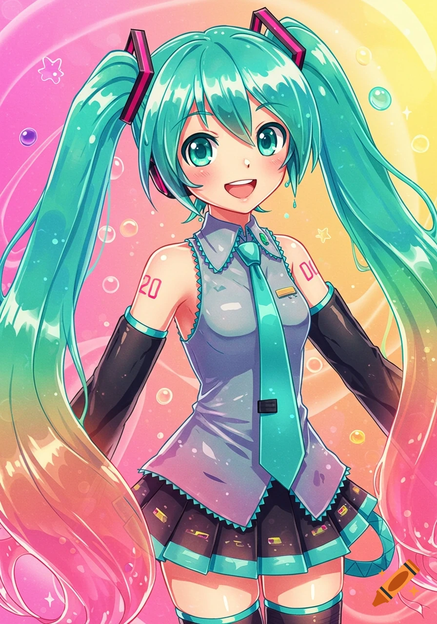Anime style portrait of Hatsune Miku with bright, colorful background
