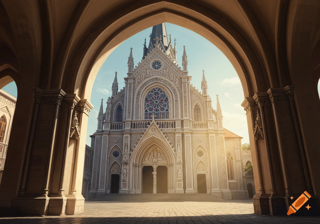 View of an ornate gothic church through arches at sunset.