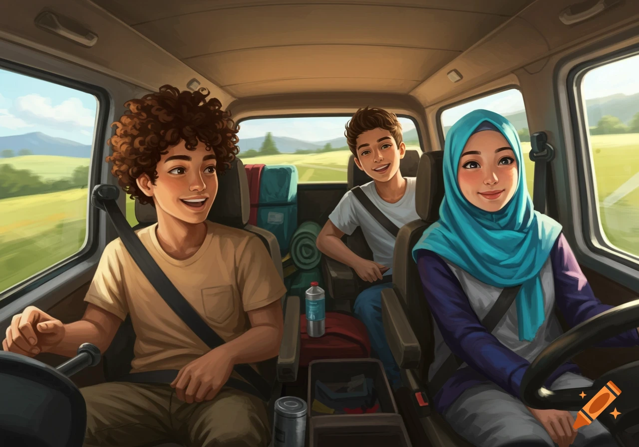 Stylized illustration of three teenagers in a van on a road trip.