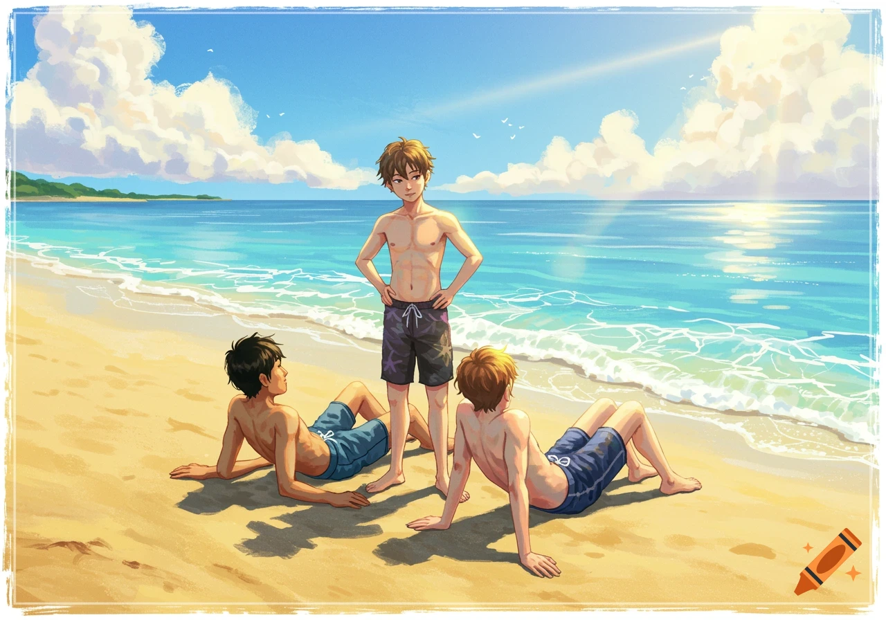 Three young men on a sunny beach, digital illustration
