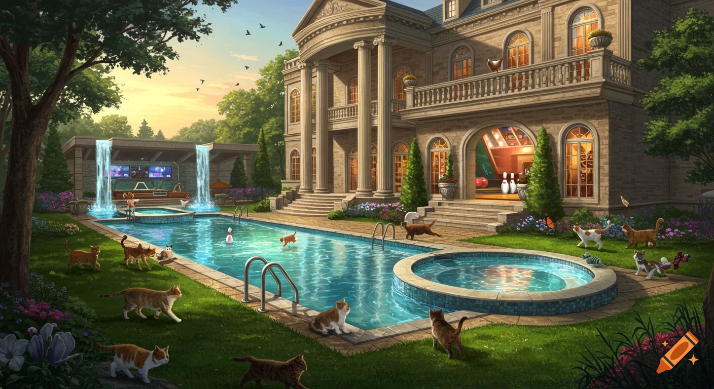Digital painting of a large mansion with a swimming pool and multiple cats playing outside.
