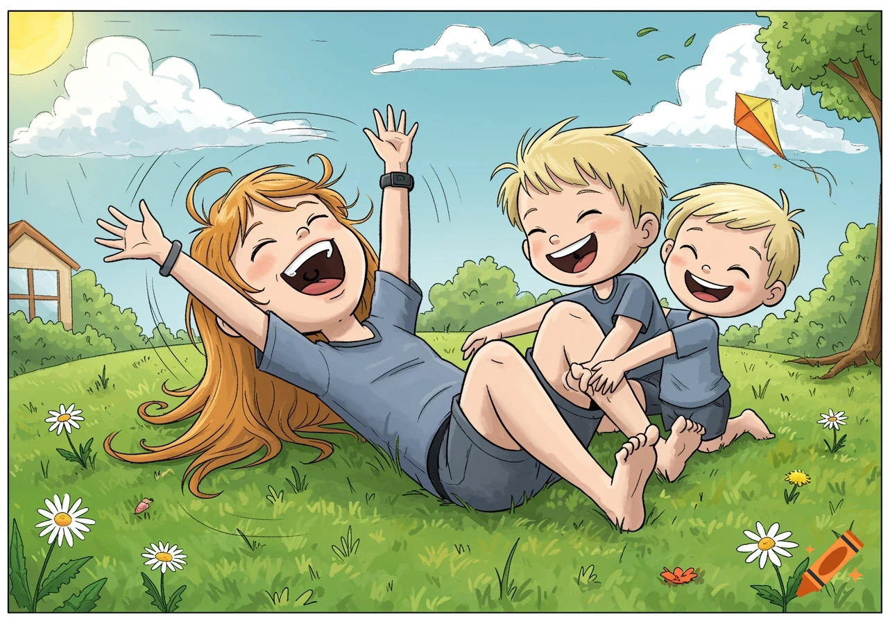 Cartoon illustration of a woman lying in grass, laughing while two boys tickle her in a park.
