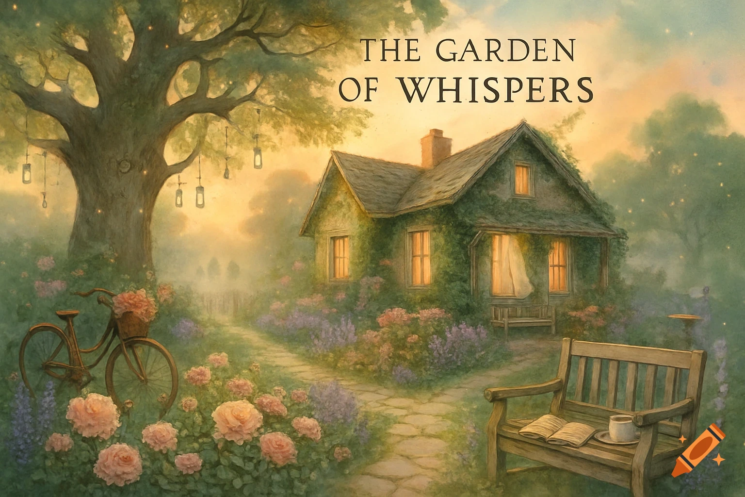 Painterly image of a whimsical garden with a cottage, large tree, bicycle, and bench at sunset.