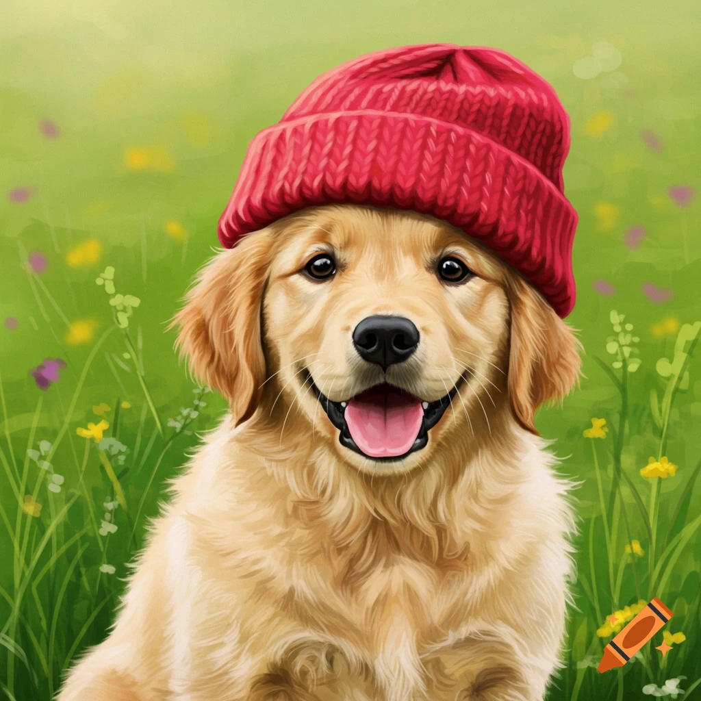A golden retriever puppy wearing a red beanie sits in a grassy field.
