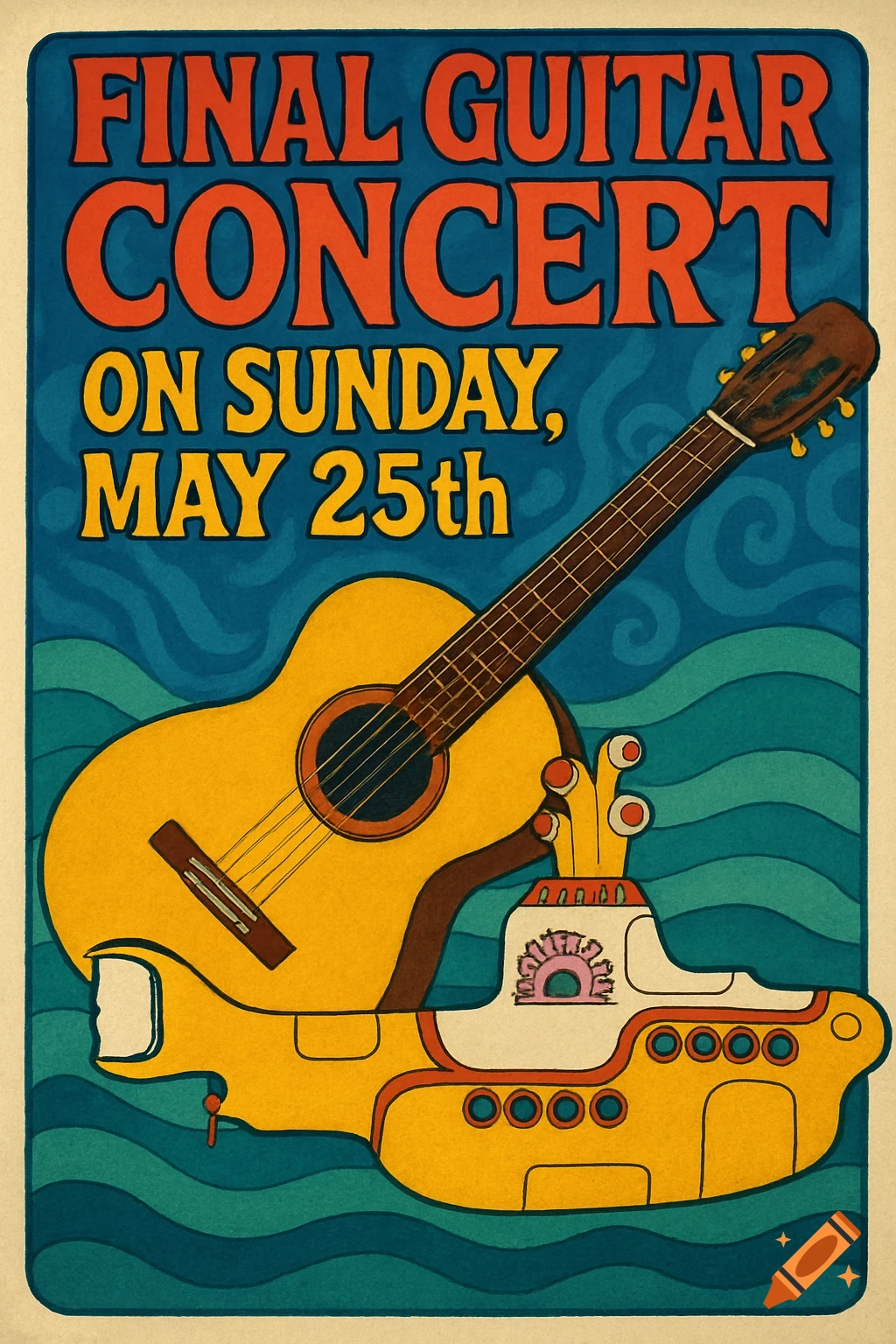 A retro-style poster shows a guitar and a yellow submarine floating on waves with concert text.