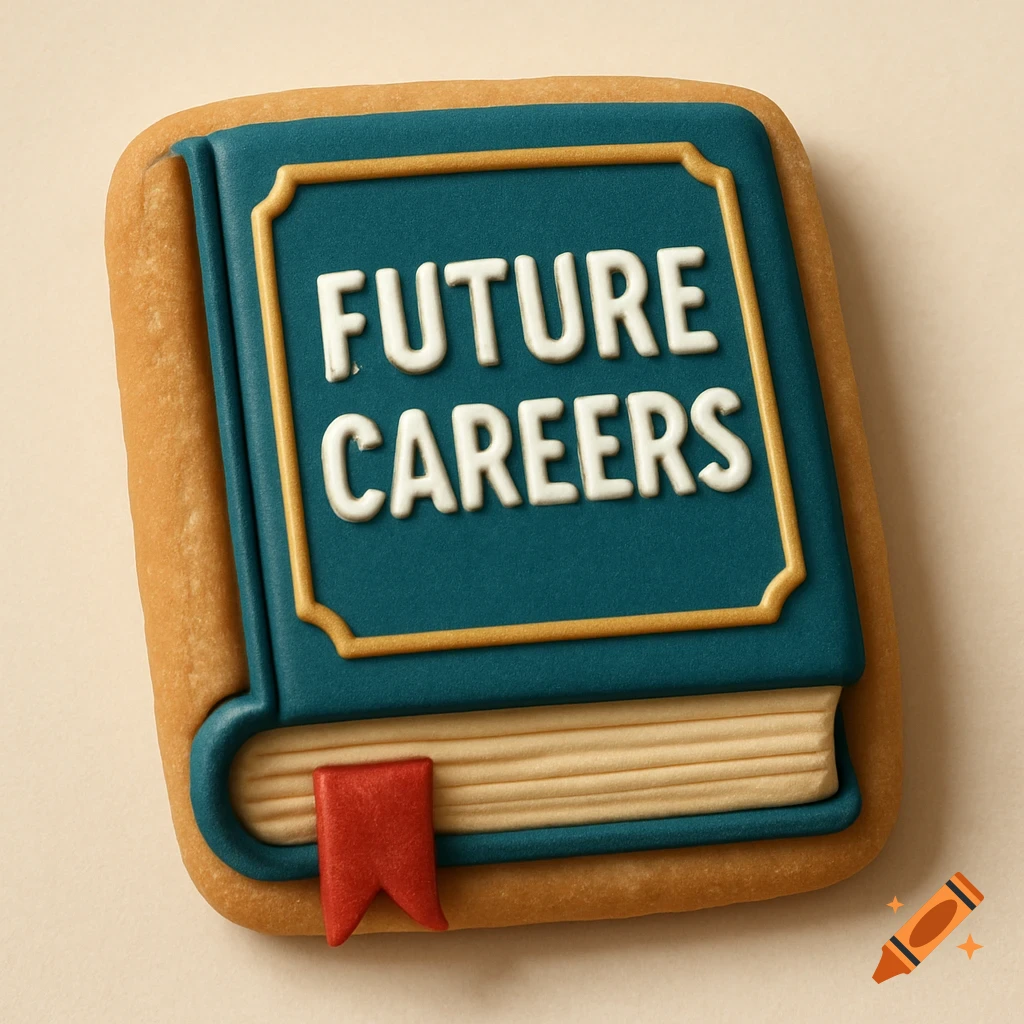 A cookie decorated like a blue book with the text "FUTURE CAREERS" on the cover.