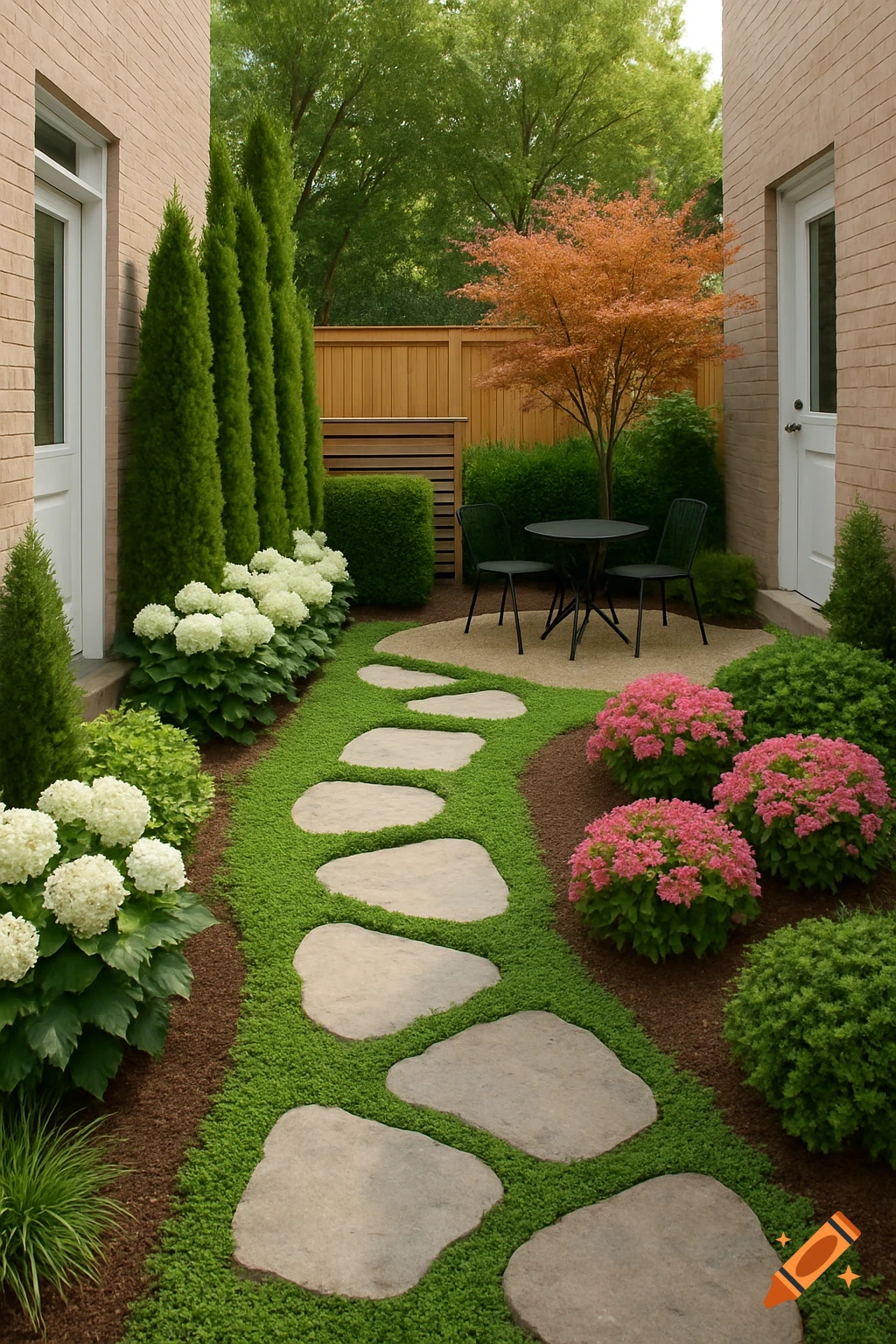 A winding stone path curves through a vibrant garden with green ground cover, lush bushes, white and pink flowers, leading to a small table and chairs.