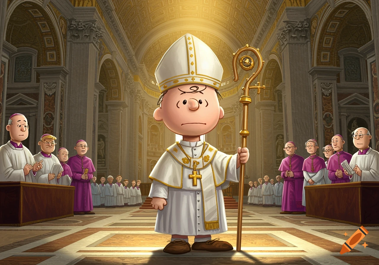 Cartoon character Charlie Brown dressed as Pope standing in a large church with other clergy.