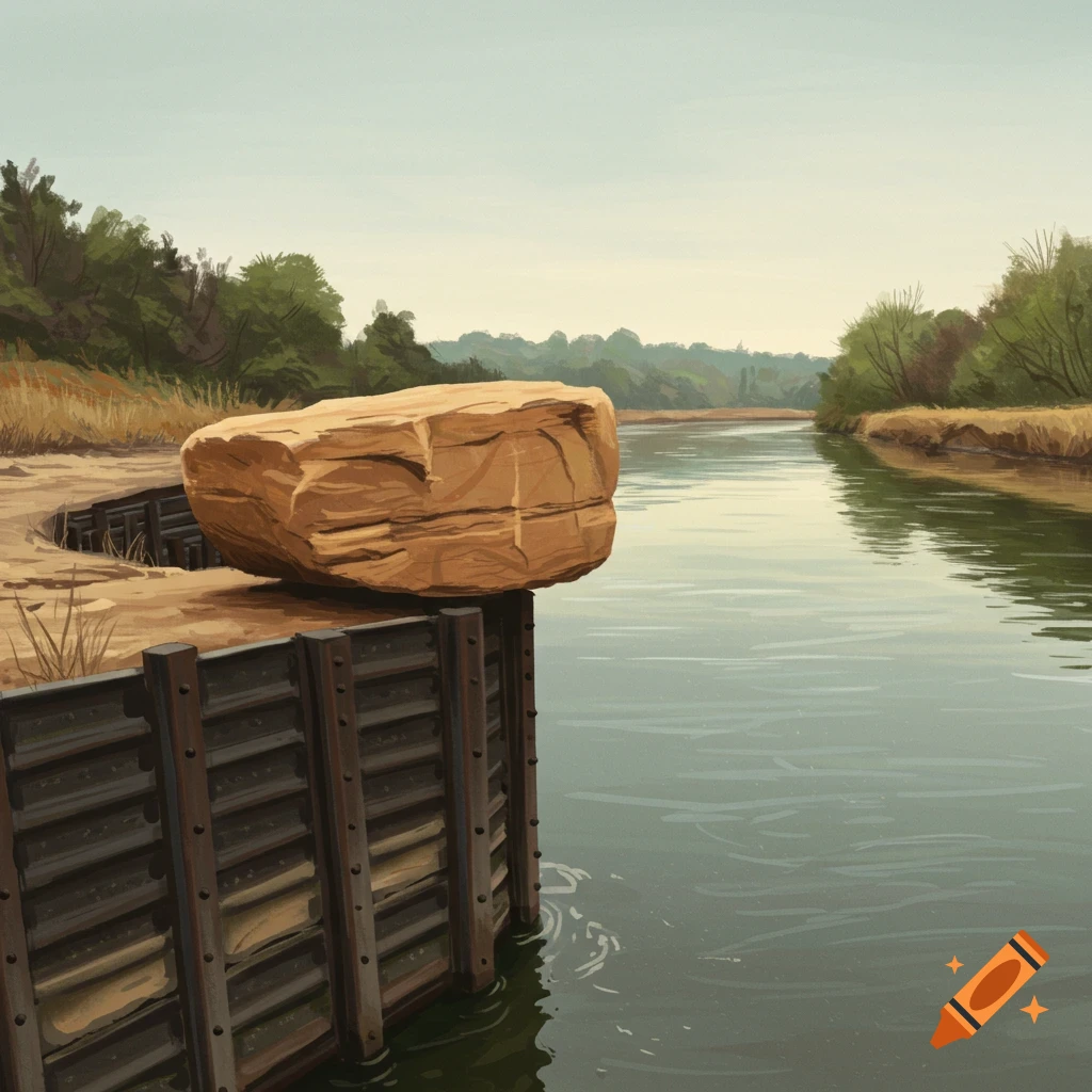 A painterly illustration of a large sandstone block sitting on the edge of a river bank reinforced with sheet piling.
