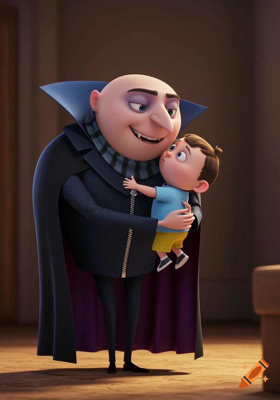 Gru from Despicable Me, dressed as a vampire, holds and smiles at a baby in 3D animation style.