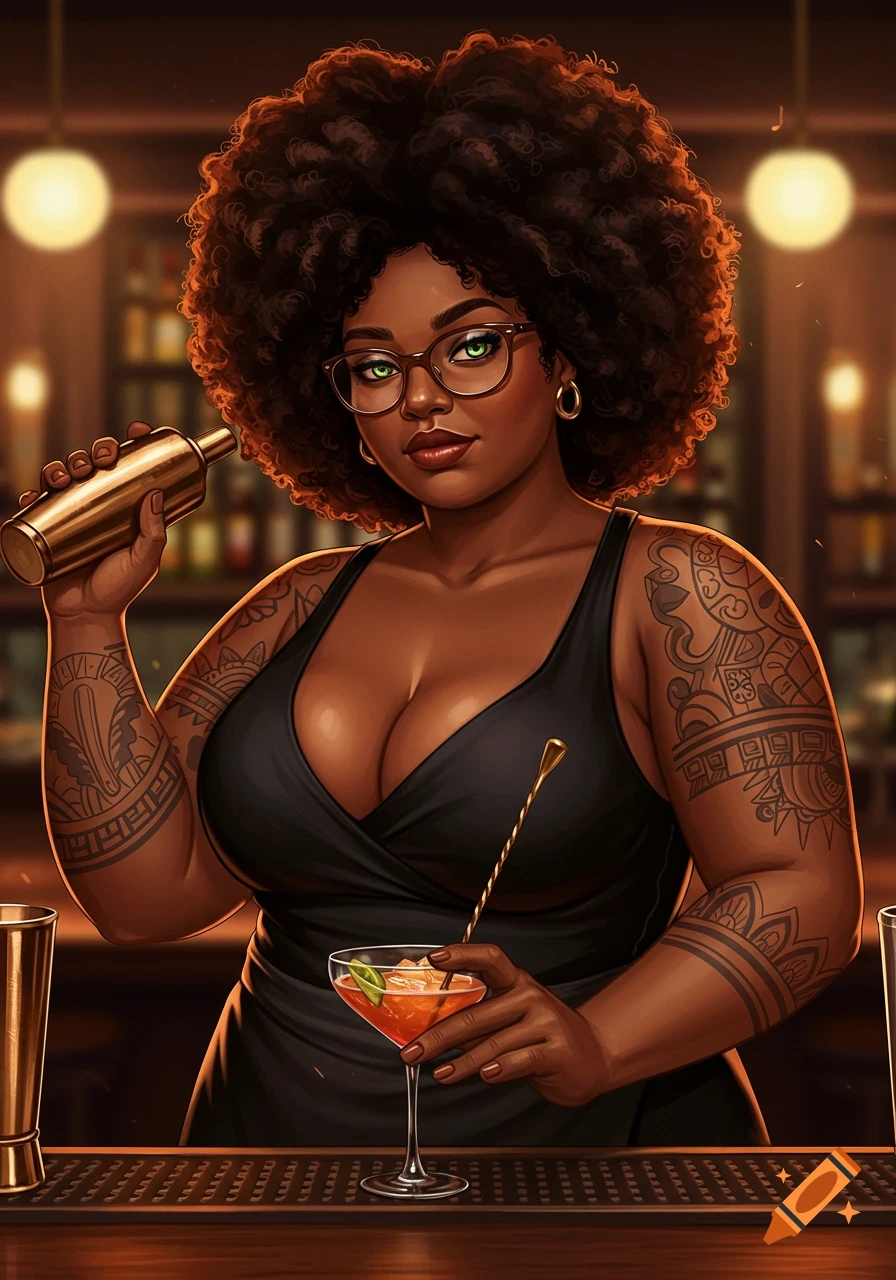 A woman with glasses and curly hair mixes a drink at a bar, showing tattooed arms.