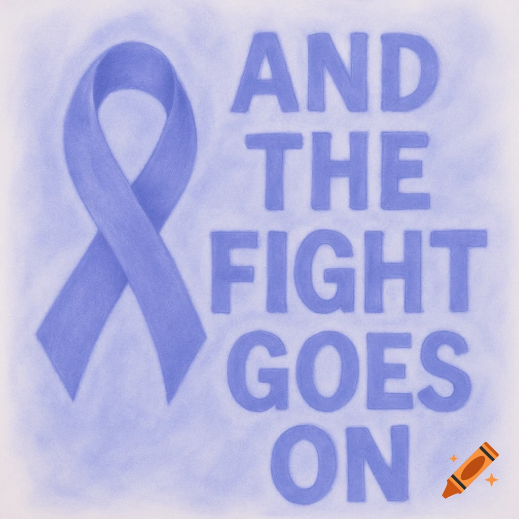 A periwinkle awareness ribbon next to the words AND THE FIGHT GOES ON in an airbrushed style.