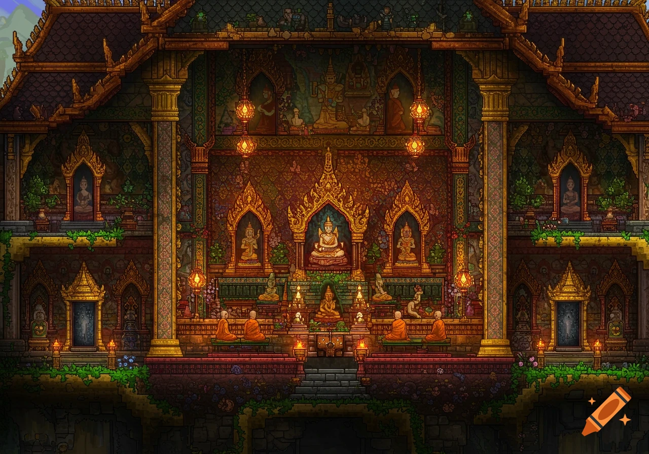 Pixel art interior of a detailed Thai Buddhist temple with monks and Buddha statues.