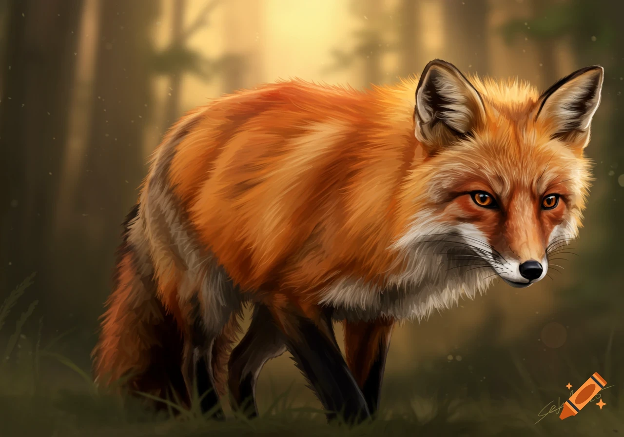 A red fox stands in a forest clearing at sunset, digital painting