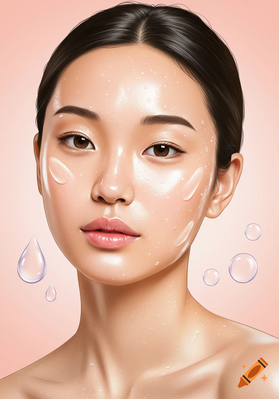 Close-up illustration of a woman's face and shoulders covered in water droplets and skincare product.