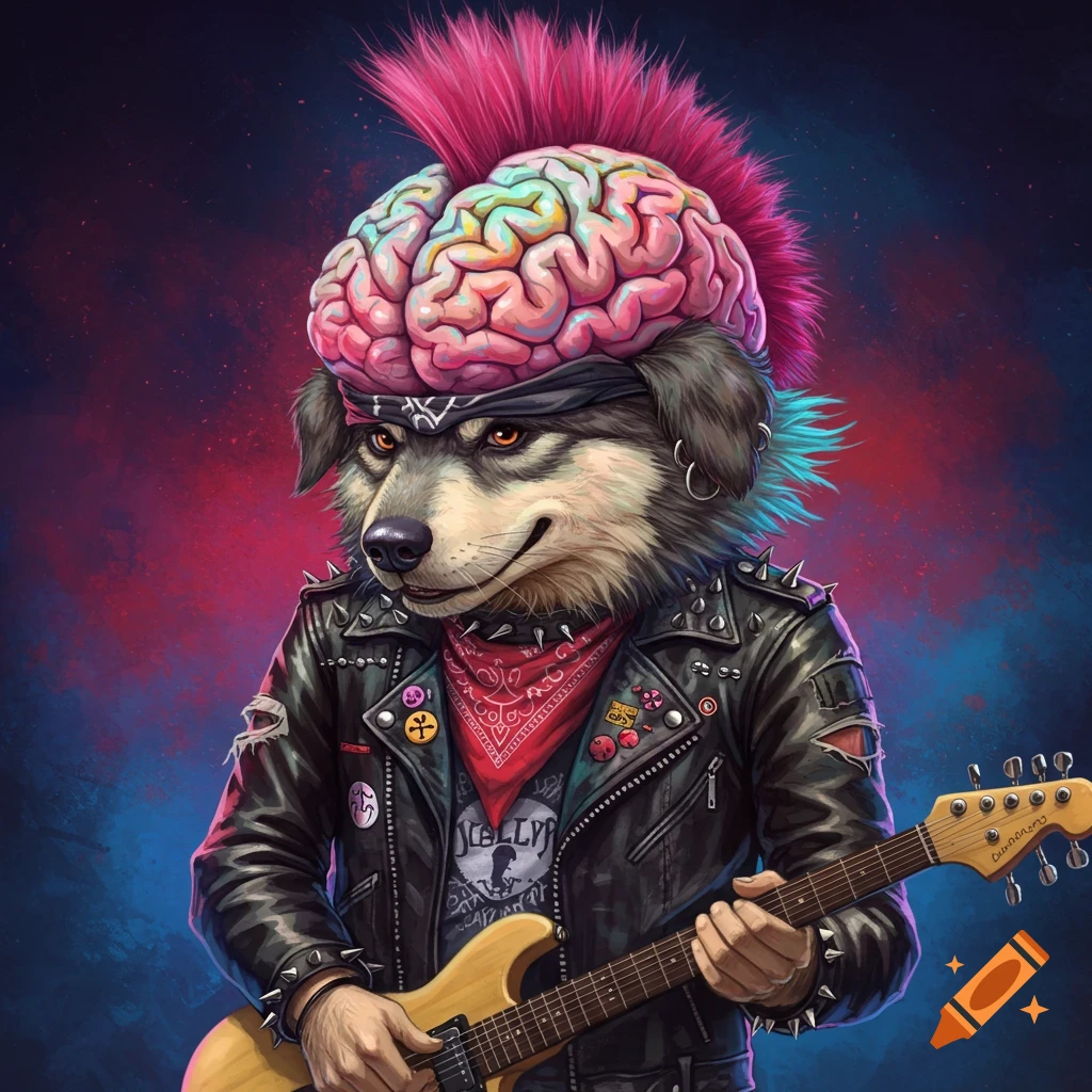 A stylized dog character wearing a leather jacket and bandana, with a brain forming a pink mohawk, playing an electric guitar.