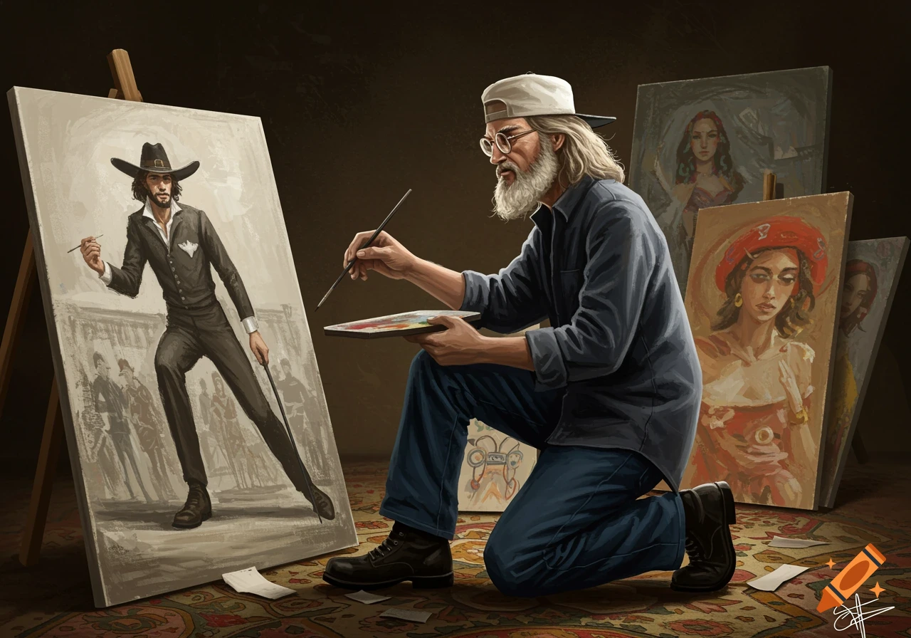 Artist kneeling and painting a portrait on an easel in a studio