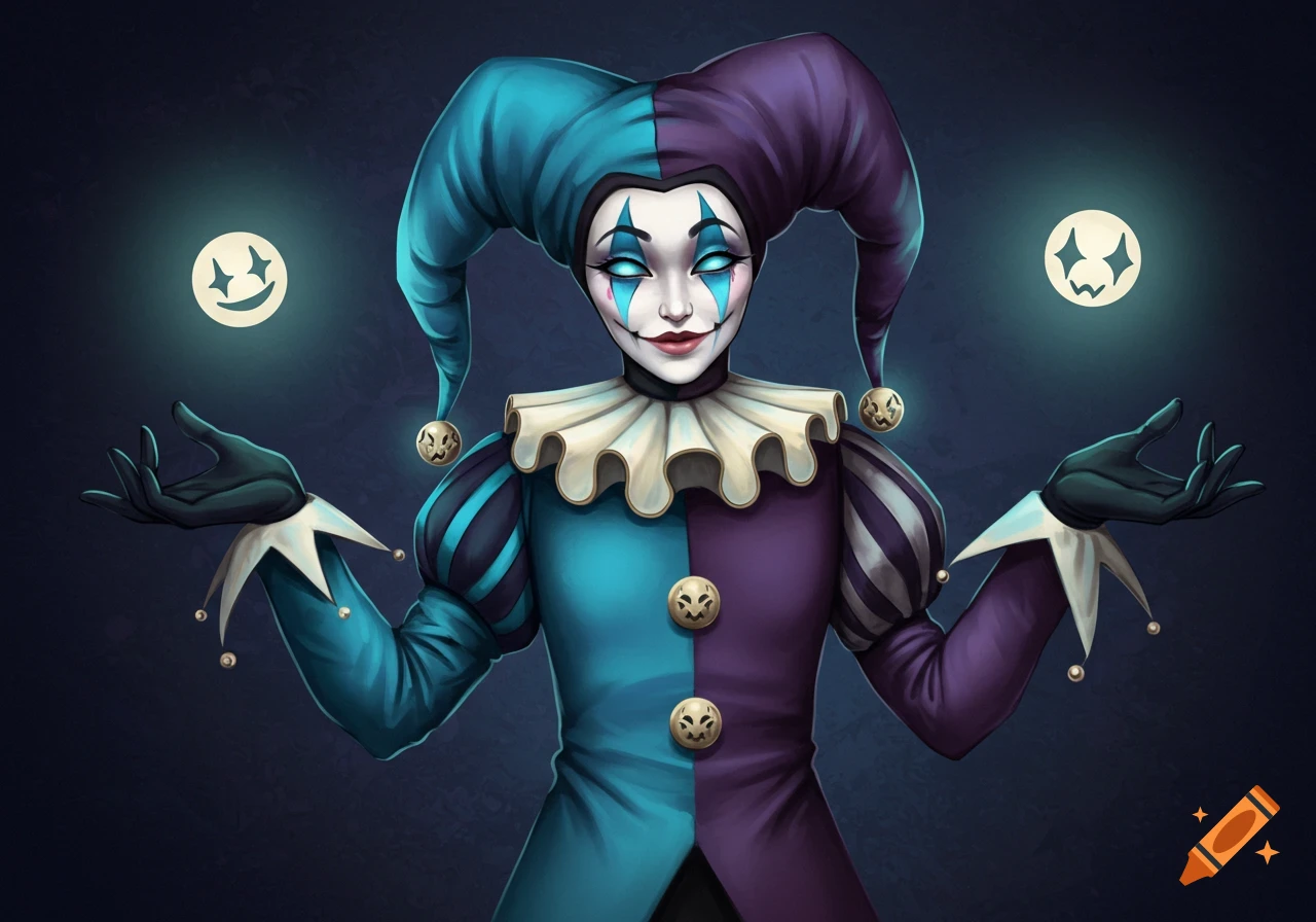 A jester in blue and purple holds two glowing orbs.