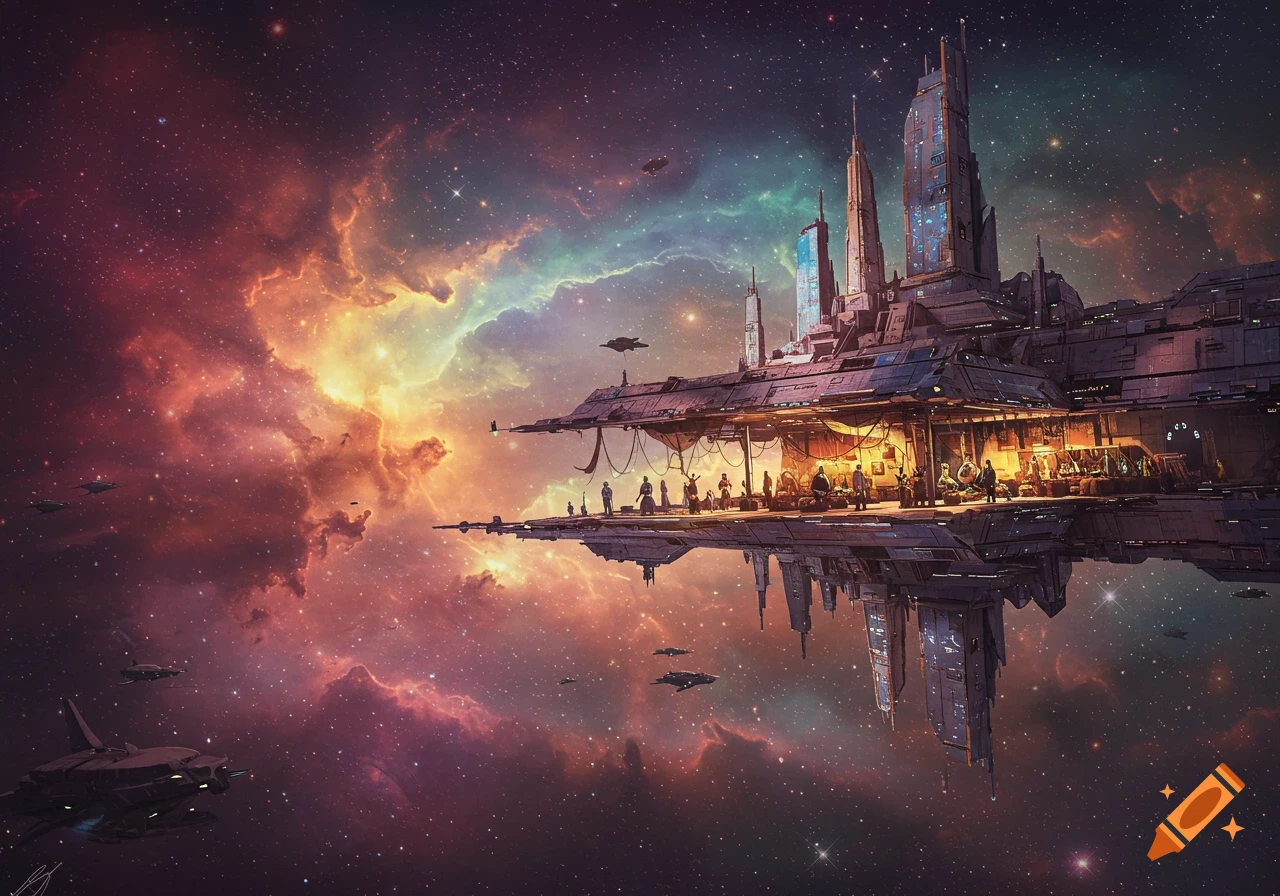 A futuristic space station floats among colorful nebulae and stars with spaceships and people on the platform.