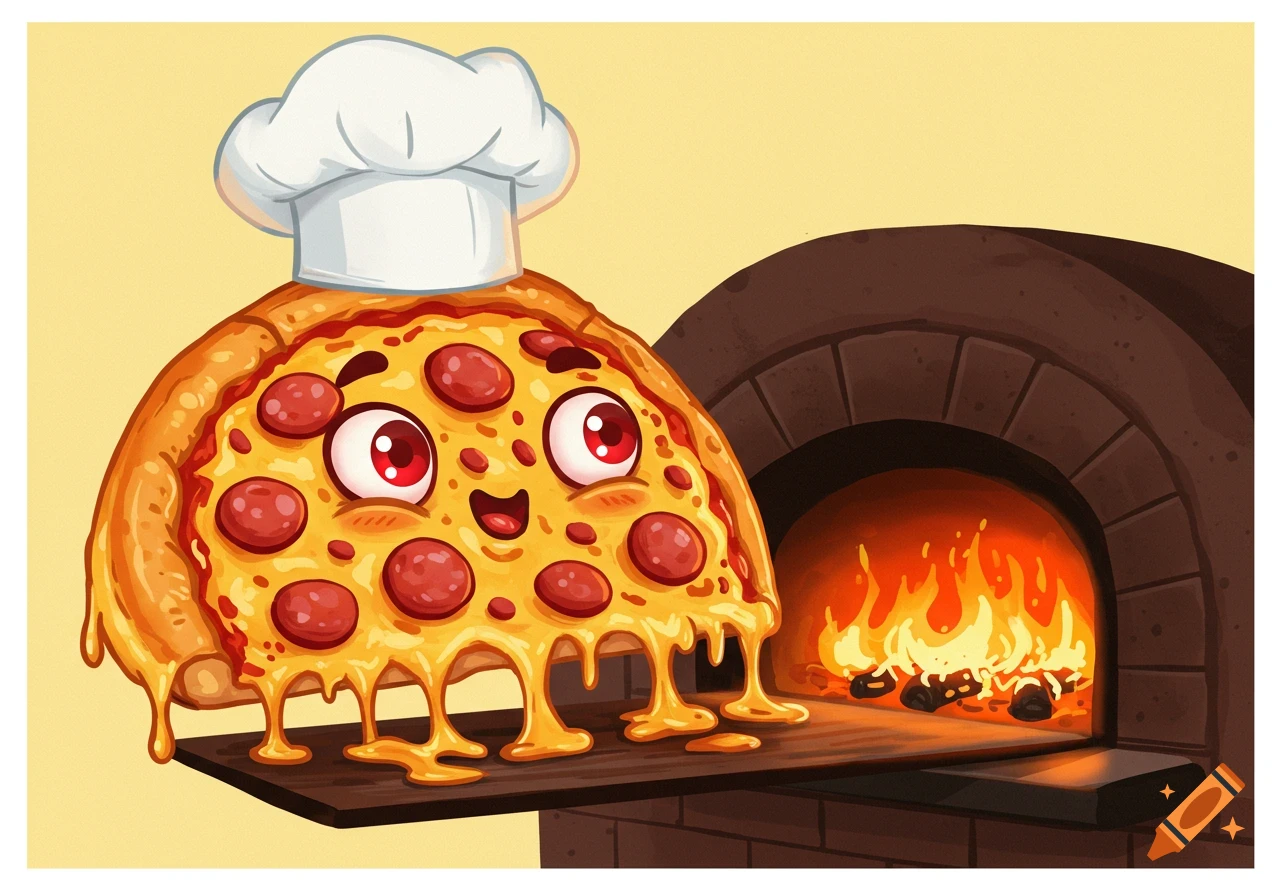 Cartoon pizza slice with chef hat entering a pizza oven
