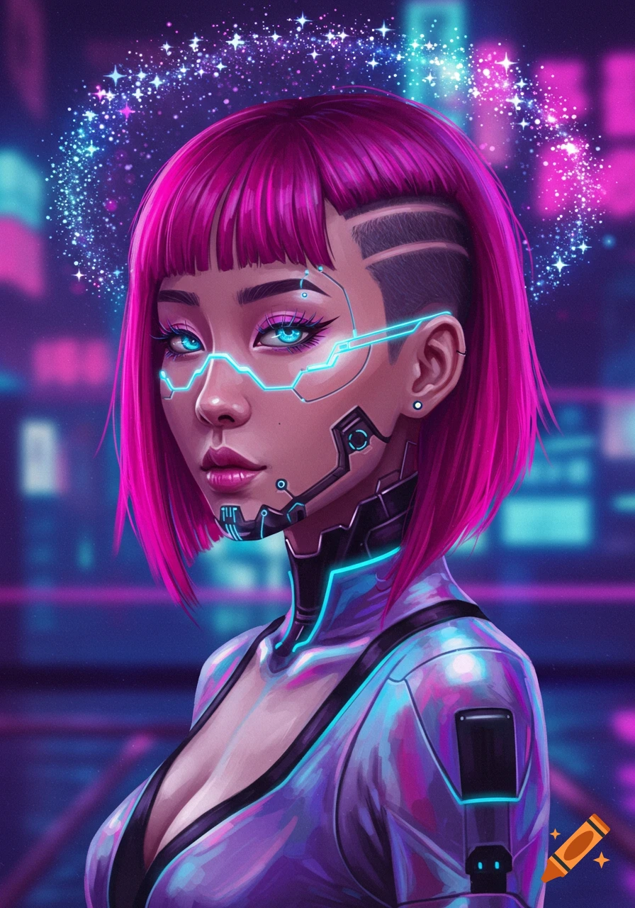 Cyberpunk portrait of a woman with pink hair and glowing implants