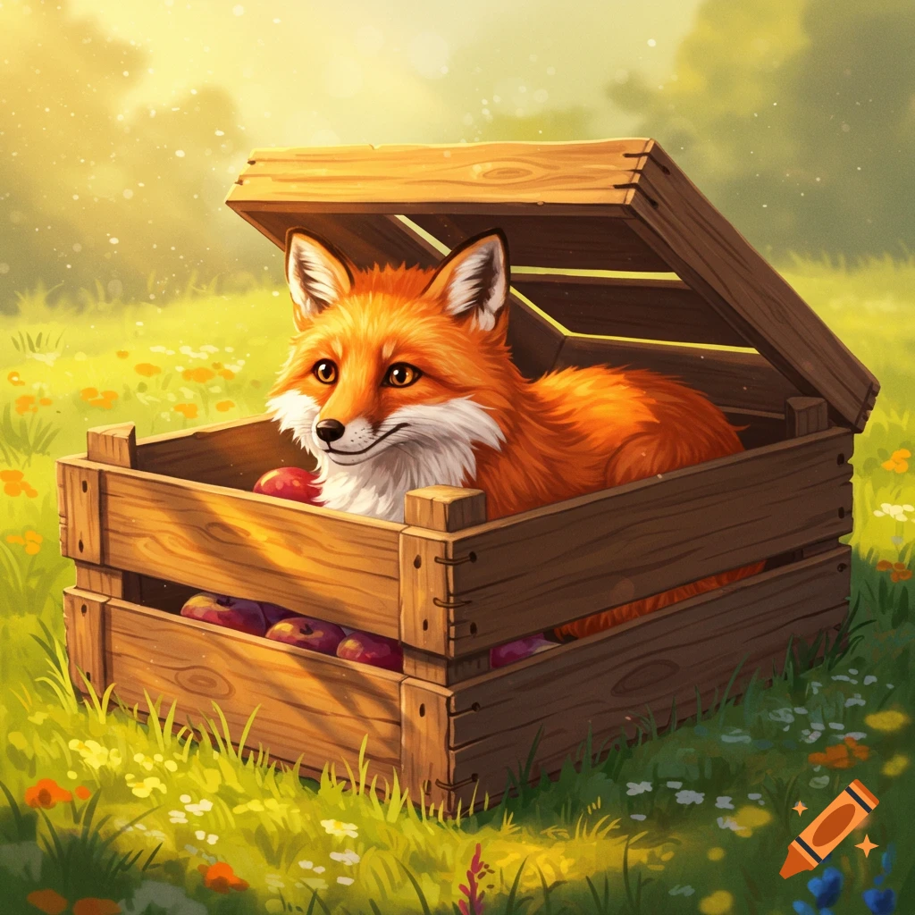 A cute fox sits in a wooden crate filled with apples in a sunny field with flowers, illustration style.