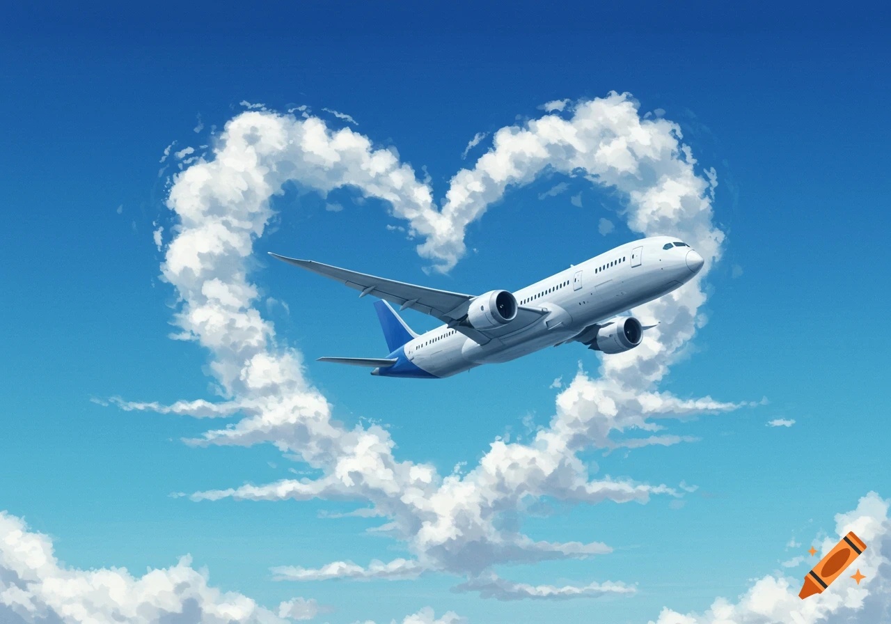 An airplane flies through a blue sky with clouds forming a heart shape.